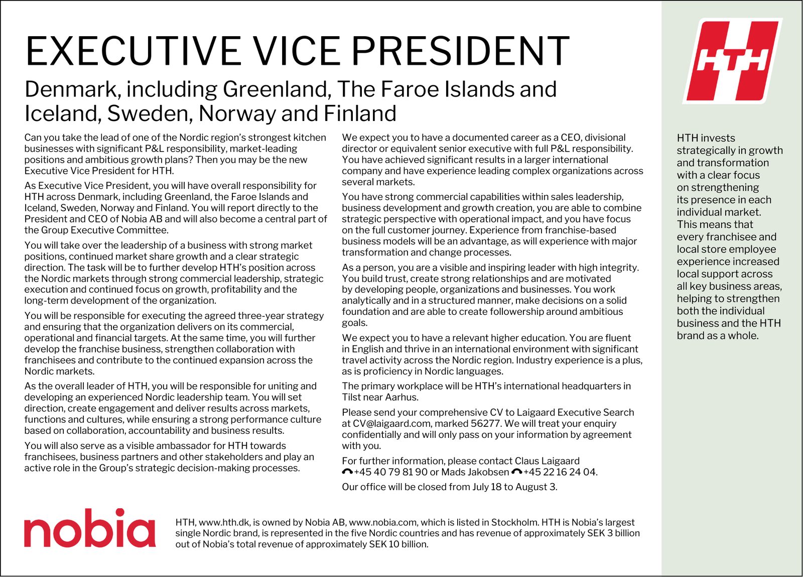 Job posting: Executive Vice President, HTH (Nobia) – Denmark, Sweden, Norway, Finland
